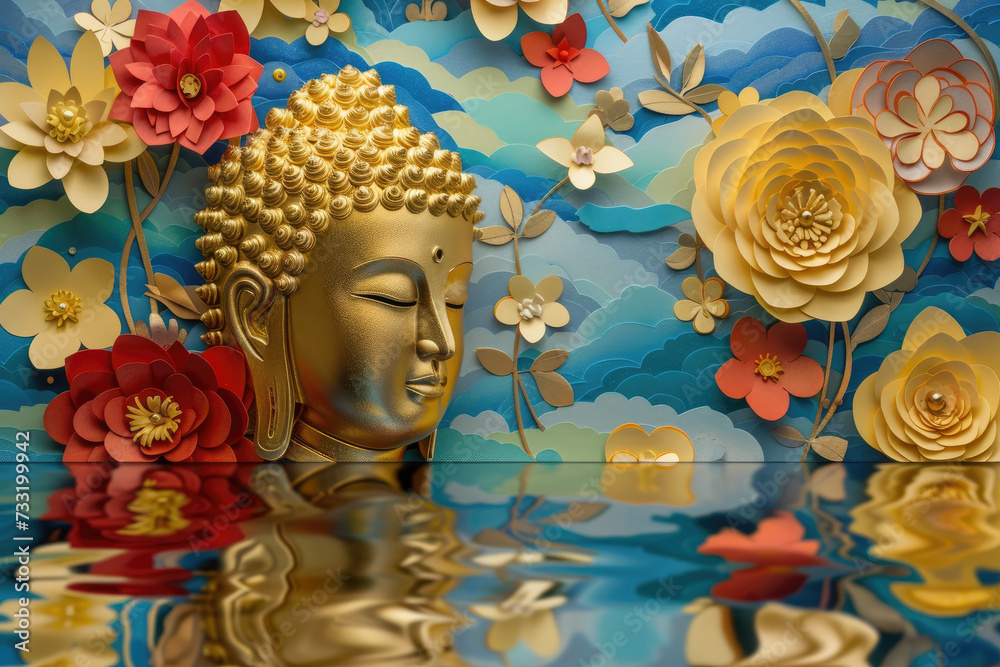 Golden buddha decorated with paper cut colorful flowers and clouds