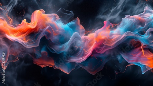 Ethereal tendrils of iridescent aqua, radiant coral, and velvety indigo smoke gracefully intertwining on a solid ebony background, forming a captivating and dynamic abstract display. 