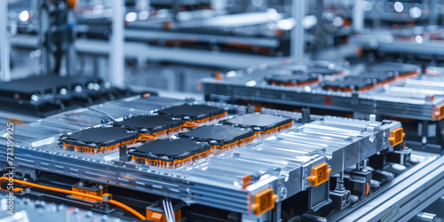 Electric Car Battery Assembly production Line. Automated assembly line producing electric vehicle batteries in a modern factory.