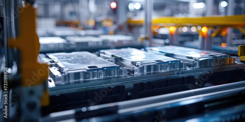 Electric Car Battery Assembly production Line. Automated assembly line producing electric vehicle batteries in a modern factory.
