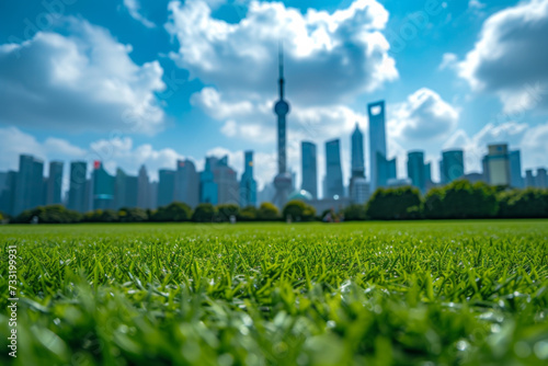A green lawn with the skyline of shanghai in the background. © imlane