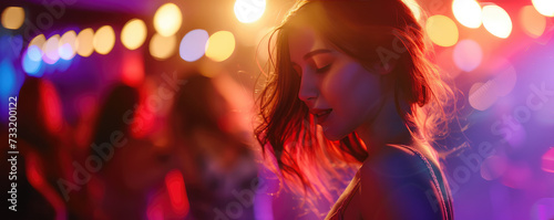 Euphoric Dance Moment at Nightclub. Young woman immersed in dancing, colorful nightclub lights in background.