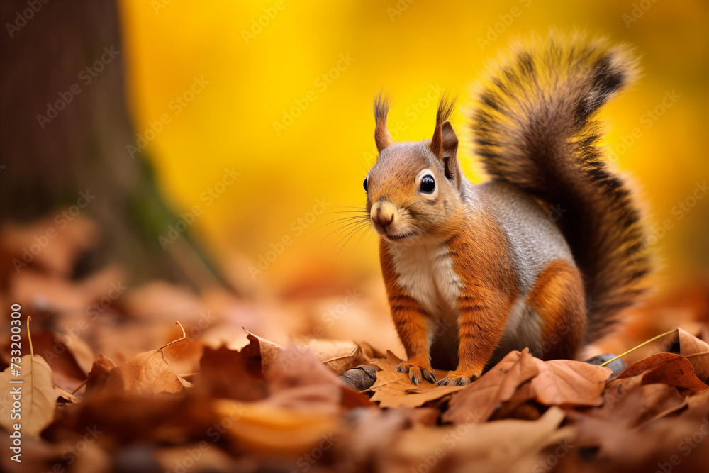 A close-up of a squirrel gathering acorns