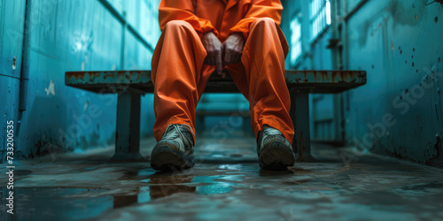 Male prisoner in orange jumpsuit. A man in an orange jumpsuit sits alone in a prison in a solitary confinement cell.