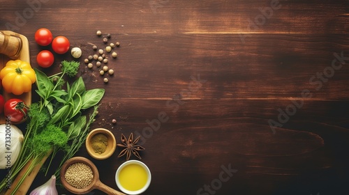 Organic vegetarian ingredients and kitchen tools. Healthy, clean food and eating concept. Top view. Copy space. Ingredients for cooking on wooden table.