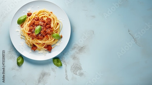 pasta spaghetti bolognese on a blue plate on white marble table. healthy food. view from above. image of food. copy space for text.