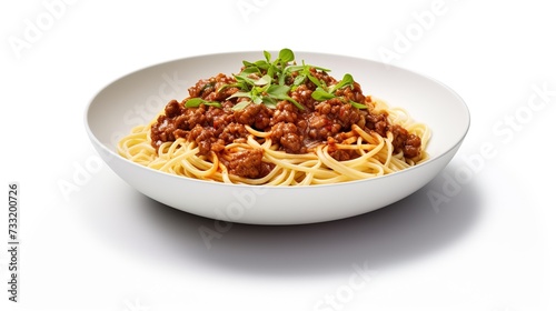 Pasta spaghetti bolognese on white bowl, top view with transparent background. Image of food.