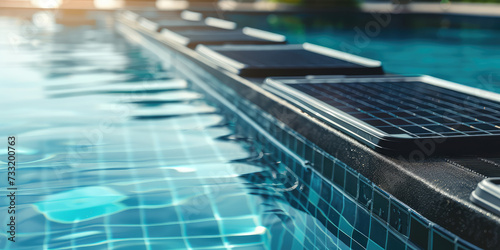 Solar-Powered Pool Pump. Eco-friendly solar panel connected to a pool pump beside a shimmering swimming pool.