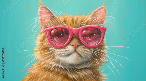 Fashionable Ginger Cat with Pink Sunglasses, Whimsical Animal Portrait