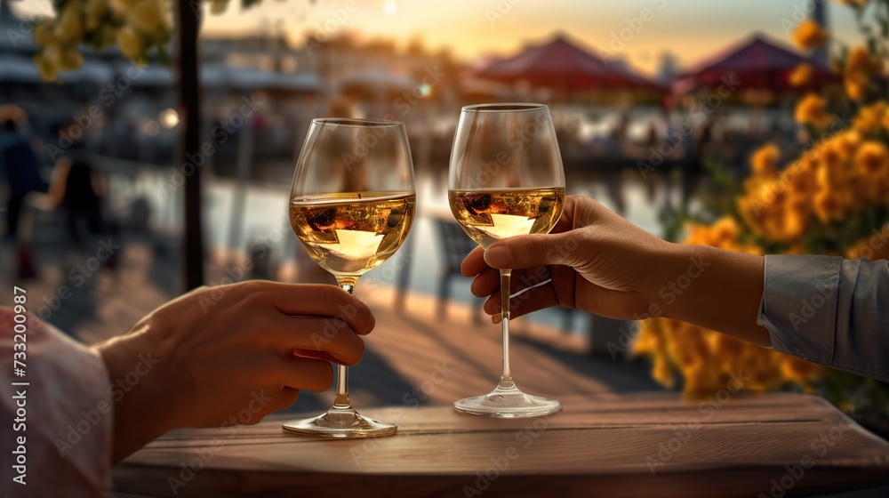People clinking glasses with wine on the summer terrace of cafe or restaurant. copy space for text.