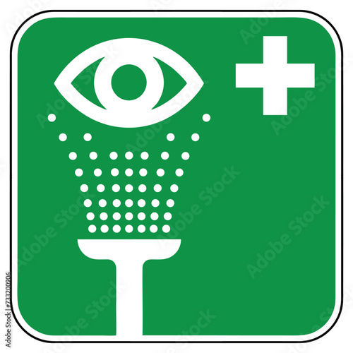 First-aid eyewash sign, white symbols on a green square background, vector illustration photo