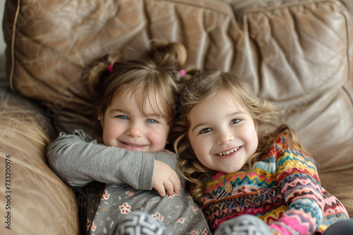 happy girls playing on a couch