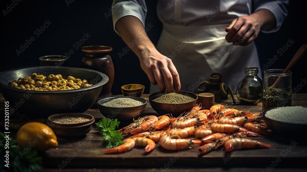 Seafood, Professional cook prepares shrimps with sprigg beans. Cooking seafood, healthy vegetarian food and food on a dark background.