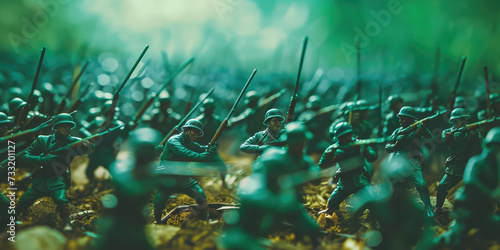 Toy Soldier Battlefield Drama. Lots of Miniature green plastic soldiers in a mock battle, dramatic war background. photo