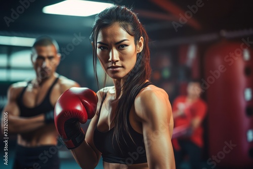 Close-up of Asian sport woman training in kickboxing with a coach