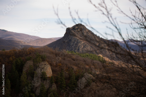 Landscape of mountains in Birtvisi, Georgia. Amazing view of the Caucasus land. Landscape of a mountainous area with rocks and cliffs on an autumn day. Autumn landscape of Birtvisi canyon, Kvemo Kartl photo