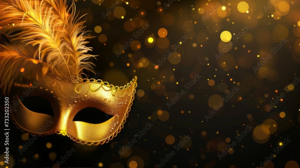 Golden carnival mask with feather on lights background