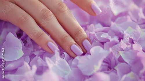 Glamour woman hand with trendy lilac color nail polish manicure on fingers, touching light purple spring flower petals, close up for cosmetic advertising, feminine product, romantic atmosphere use