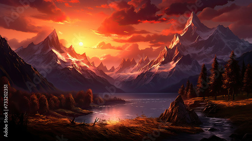 Fiery Sunset Over Mountains Background Ai Generative