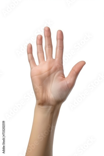 Woman hand holding grabbing or measuring something isolated on white background, with clipping path.  Five fingers. Full Depth of field. Focus stacking. Generative AI  © Stock Artistry