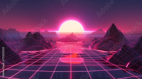 Neon retrowave background. Retro wireframe landscape with glowing outrun sun vector illustration template