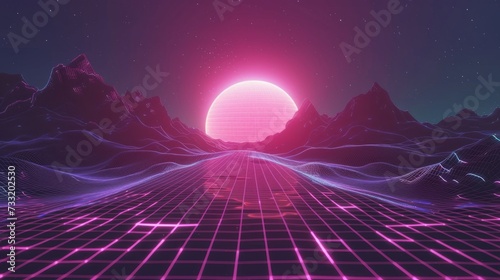 Neon retrowave background. Retro wireframe landscape with glowing outrun sun vector illustration template