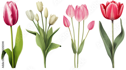 Tulip Collection  Vibrant Flowers  Buds  and Leaves for Botanical Decor  Perfume Design  and Digital Art Creations on Transparent Backgrounds - Floral Beauty in 3D 