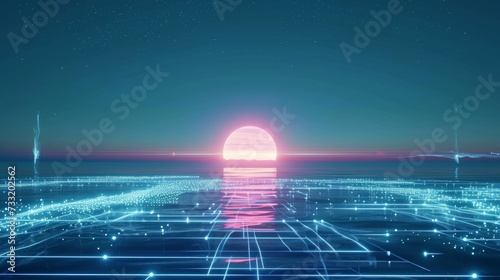 Neon retrowave background. Retro wireframe landscape with glowing outrun sun vector illustration template