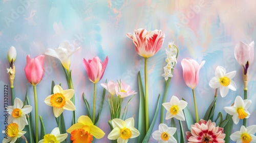 Pastel colored spring flowers tulips  daffodils  narcissus. Floral background