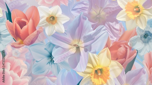 Pastel colored spring flowers tulips, daffodils, narcissus. Floral background