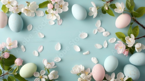 Pastel Easter eggs and spring apple blossoms decoration