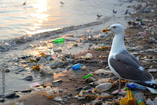 seagull on the beach with garbage, Plastic waste, Environmental pollution. Pollution of the ocean and coast photo