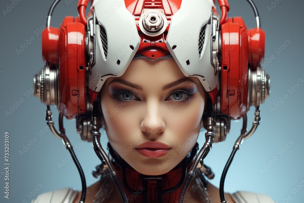 Futuristic woman robot portrait in white/red, high detail, glass eyes, solid gradient background Futuristic woman robot portrait in white/red, high detail, glass eyes, solid gradient background