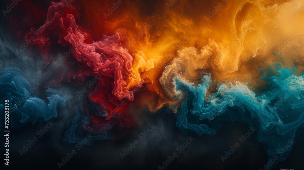 Radiant bursts of sunlit gold, ruby red, and oceanic turquoise smoke dispersing on a solid charcoal backdrop, forming a dynamic and vibrant abstract expression. 
