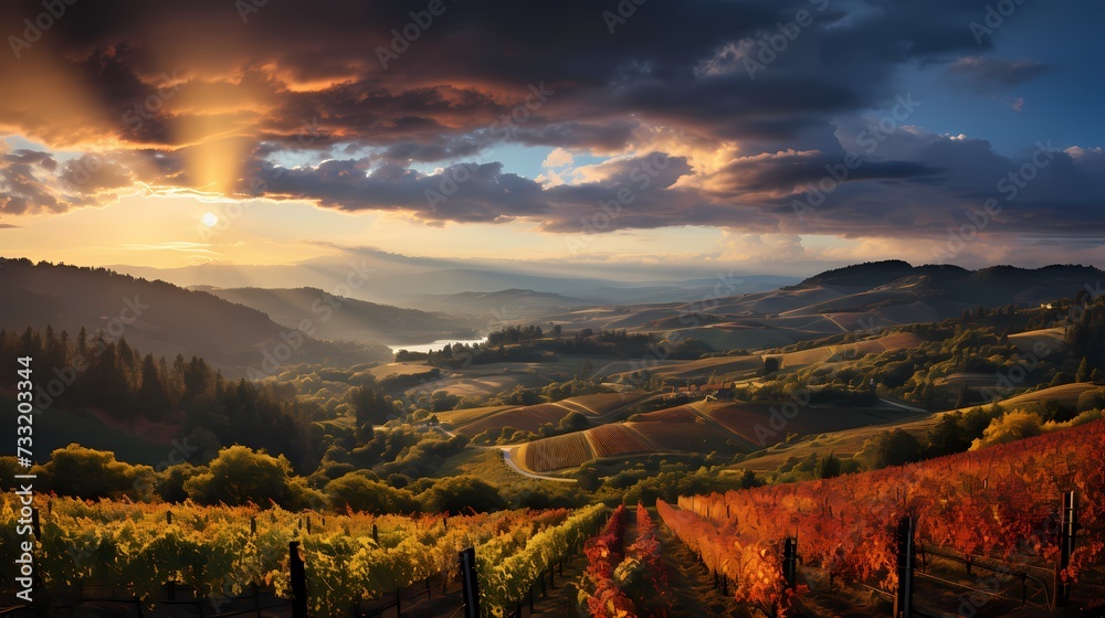A top view of a vibrant rainbow arcing over a picturesque vineyard, with fluffy clouds and rows of grapevines, capturing the beauty and serenity of wine country