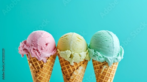 Assorted scoops ice cream in waffle cone. Colorful set of ice cream with different flavours