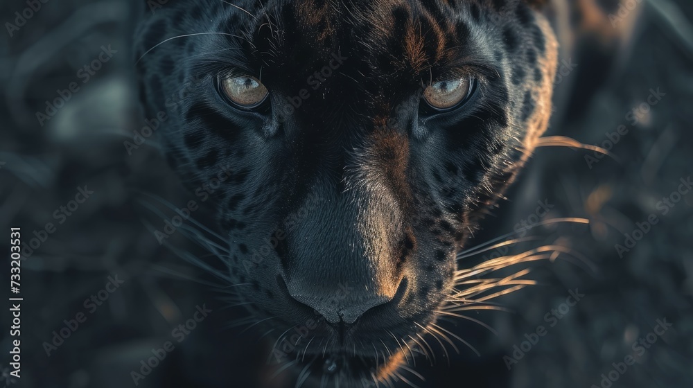 A detailed view of a black leopard's face. This image can be used to showcase the stunning beauty and unique features of this majestic big cat