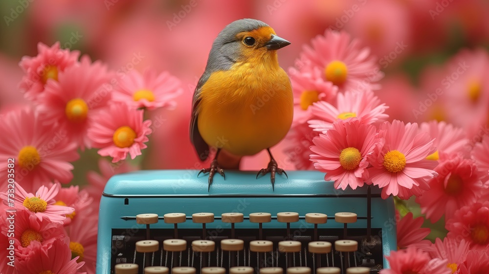 Ptak siedzący na maszynie do pisania w otoczeniu różowych kwiatów - obrazy, fototapety, plakaty 