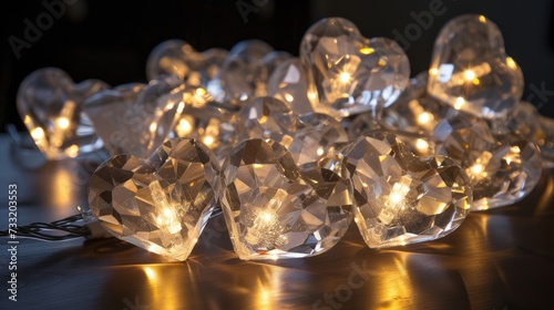A group of crystal heart-shaped lights on a table. Perfect for adding a romantic touch to any setting
