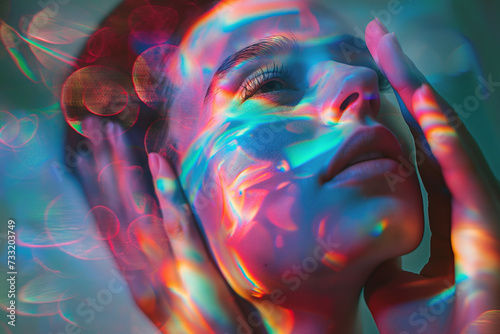 Woman in meditating trance, bathing in vibrant, colorful illumination adds. Abstract concept of meditation, tranquility, yoga and transcendent