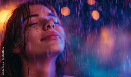Girl with closed eyes, face up in the rain, cinematic color style. Happy woman in the rain. Eye closed close up female portrait.