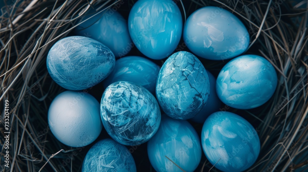 Blue painted Easter eggs are neatly arranged in a nest. Perfect for Easter-themed designs and decorations Blue painted Easter eggs are neatly arranged in a nest. Perfect for Easter-themed designs and decorations