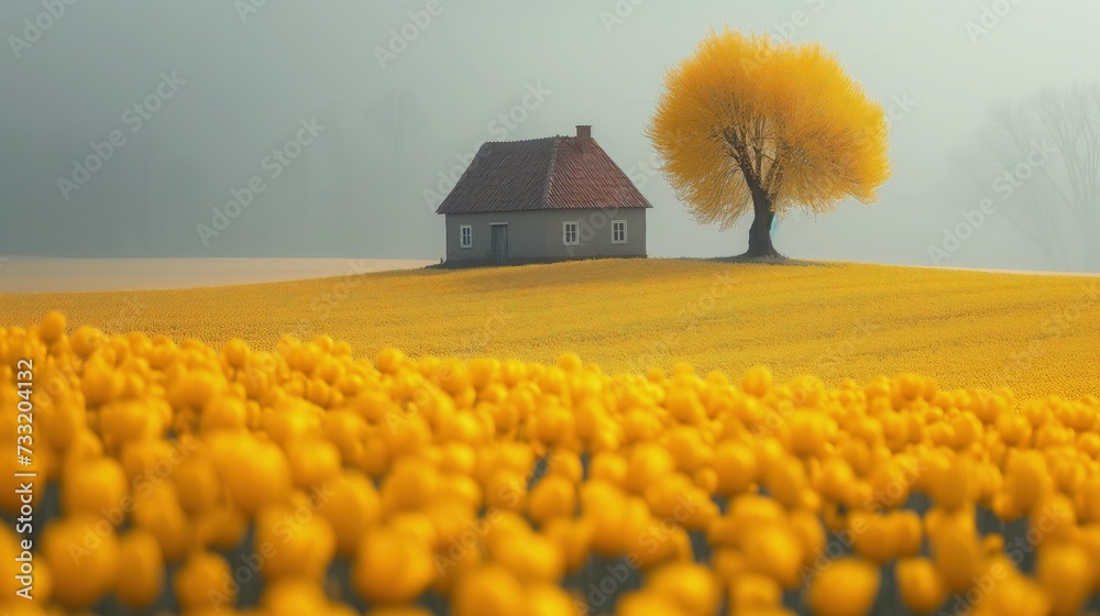Dom na środku pola pełnego żółtych kwiatów - obrazy, fototapety, plakaty 