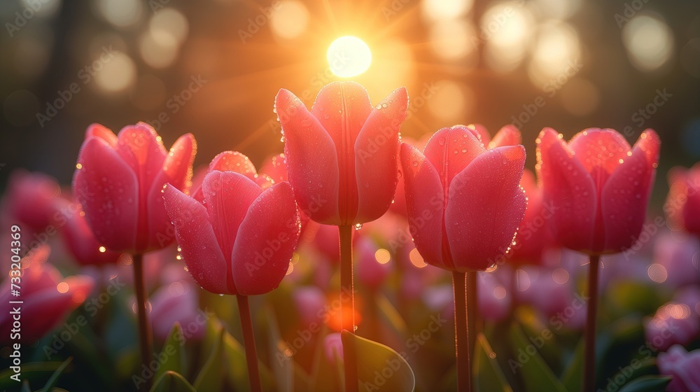 Pole różowych tulipanów z słońcem na tle - obrazy, fototapety, plakaty 