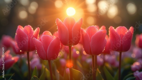 Pole różowych tulipanów z słońcem na tle