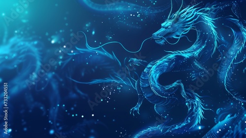 Dark blue background with abstract flying dragons. Technological background for design on artificial intelligence, neural networks, big data