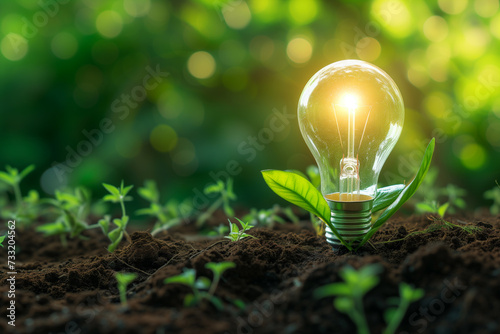 World environment and earth day concept with lightbulb in green forest. Eco friendly enviroment