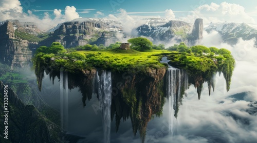 Floating forest island with mountains and waterfalls. Fantasy island with greenery and river with waterfalls. Beautiful landscape with waterfalls and green grass © vannet