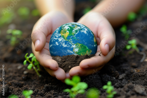 World environment and Earth Day concept with eco friendly enviroment.Hand protecting Earth.