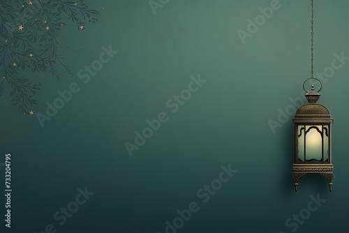 muted Green flat background with Islamic ornament and lantern, Generative AI